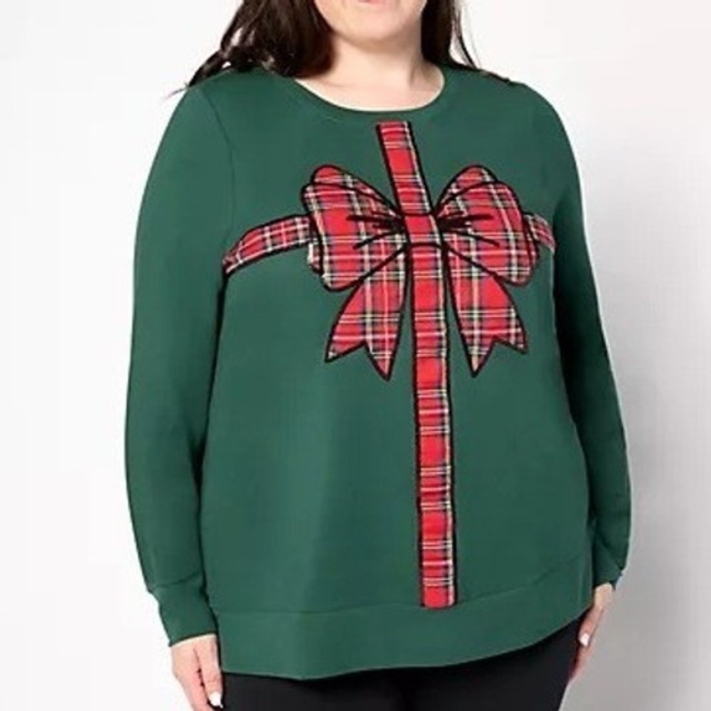 Kim Gravel XL Evergreen TripleLuxe Knit Tartan Tied Holiday Bow Top A670946